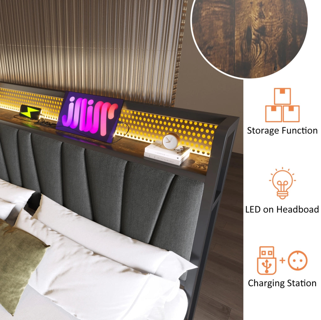 Letto matrimoniale 160x200 cm in metallo e lino grigio con LED RGBW; prese USB e contenitore