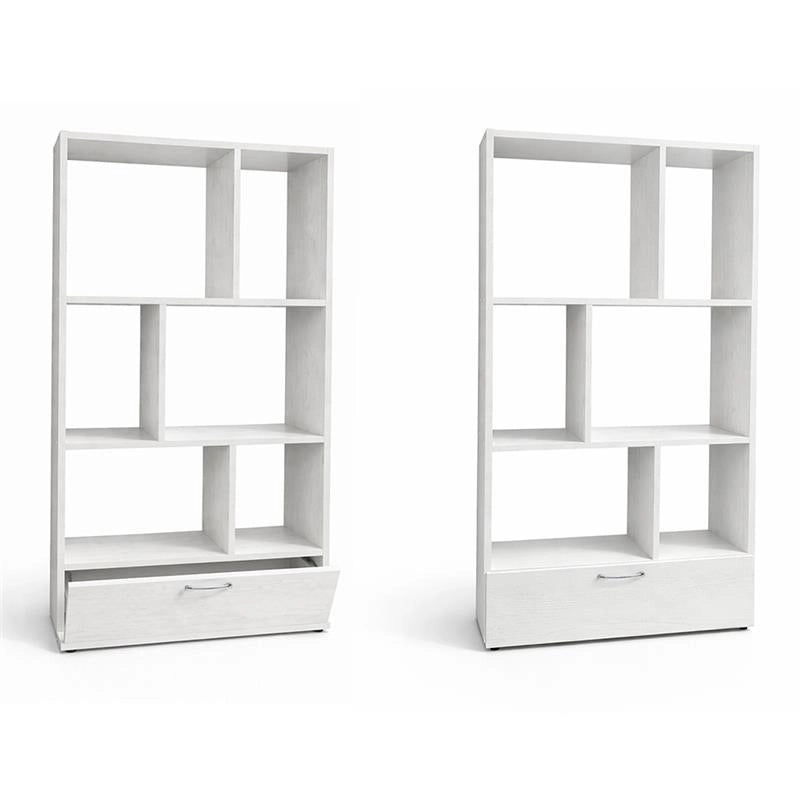 LIBRERIA IN LEGNO BIANCO MODERNA CON 6 RIPIANI SFALSATI E UN CASSETTO DIMENSIONI 70X24X140 CM