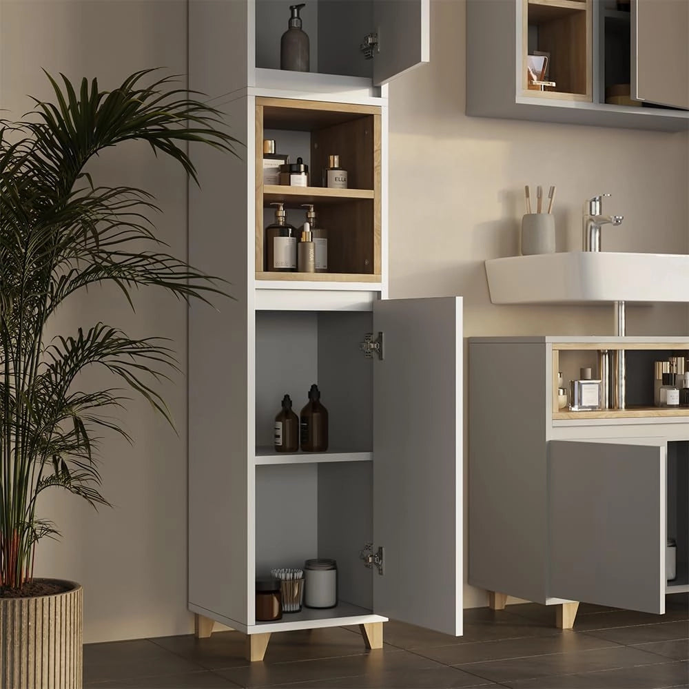 Set di mobili da bagno Elnor, Grigio, 60 cm, composto da mobile sottolavabo, specchiera e colonna alta