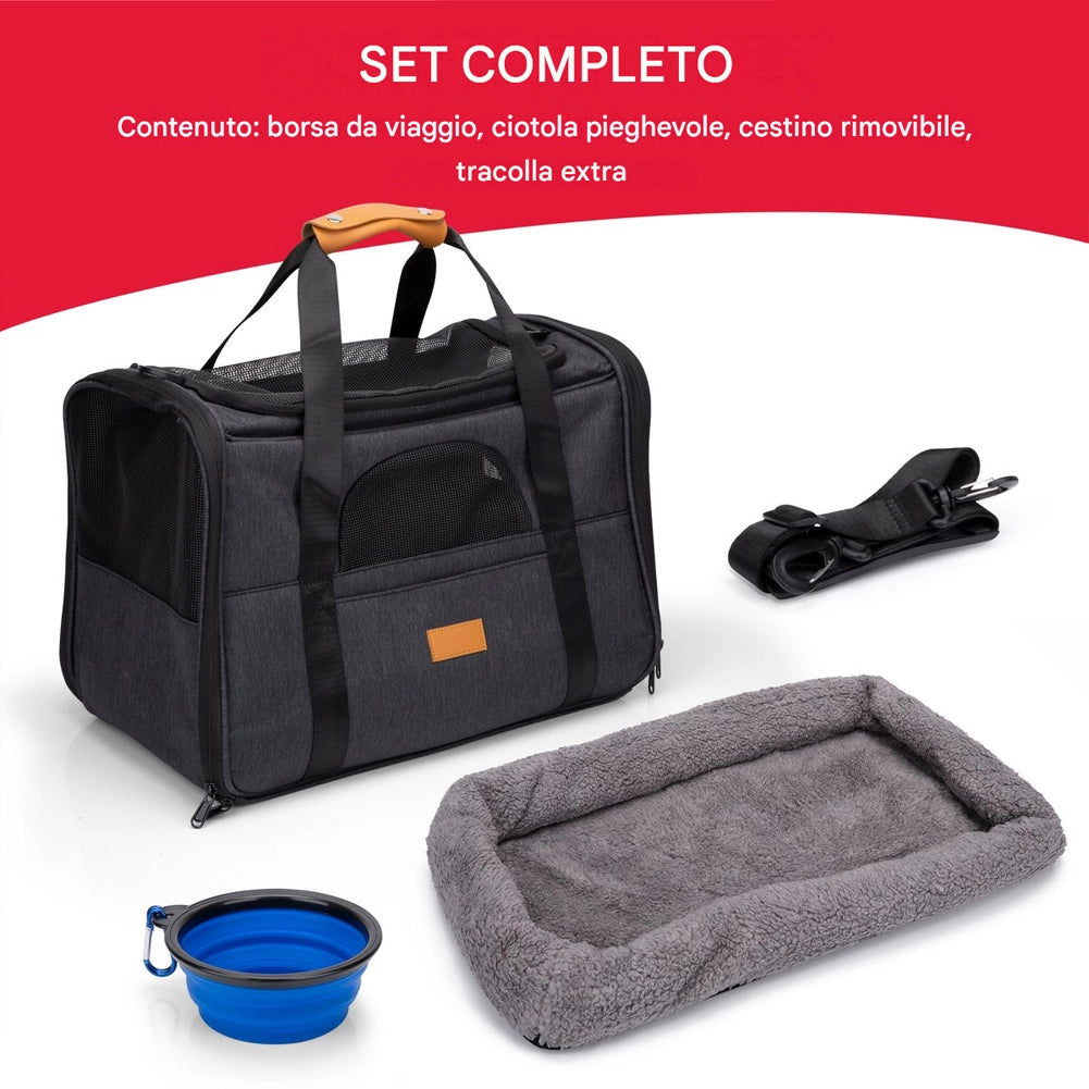 Borsa per Trasporto Animale Pieghevole Trasportino 44x31x34 cm Cuccia e Ciotola