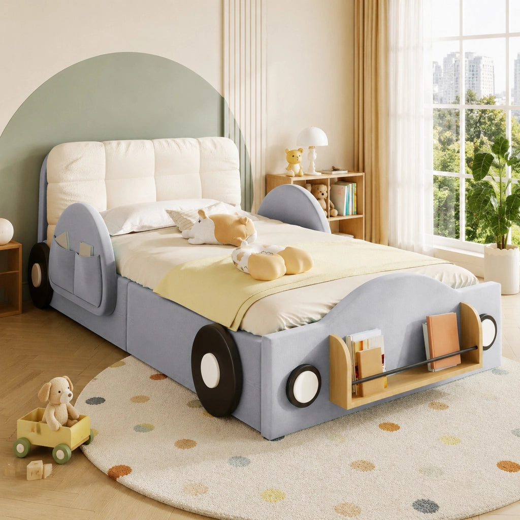 Letto Contenitore 90x200 cm; Letto Singolo con Tasche laterali e Libreria; Flanella Grigio