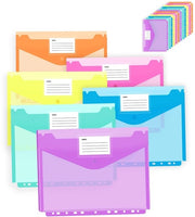 Pacco con 12 borse per documenti A4, trasparente premium, 6 colori, cartellino tridimensionale per documenti con chiusura a gomito, cartellino con bordo a 11 righe e spazio per etichetta per l'organizzazione dei documenti.