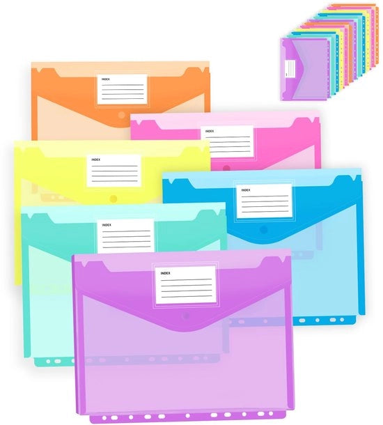 Pacco con 12 borse per documenti A4, trasparente premium, 6 colori, cartellino tridimensionale per documenti con chiusura a gomito, cartellino con bordo a 11 righe e spazio per etichetta per l'organizzazione dei documenti.