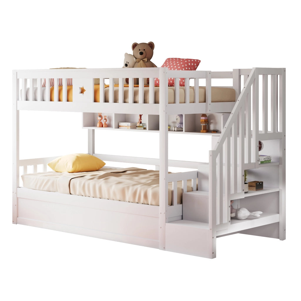 OKWISH Letto a castello 90×200 cm, Letto Singolo con Vano Contenitore Idraulico, Scaffali e Scala Contenitore, senza Materasso, Legno, Bianco