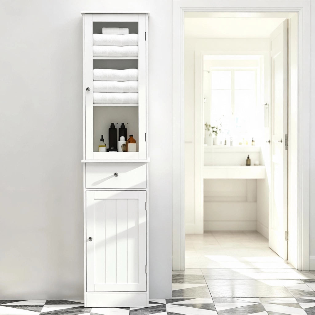 Armadietto da bagno alto con anta in acrilico, 2 ripiani e cassetto, per bagno, bianco 40 × 27 × 171,5 cm