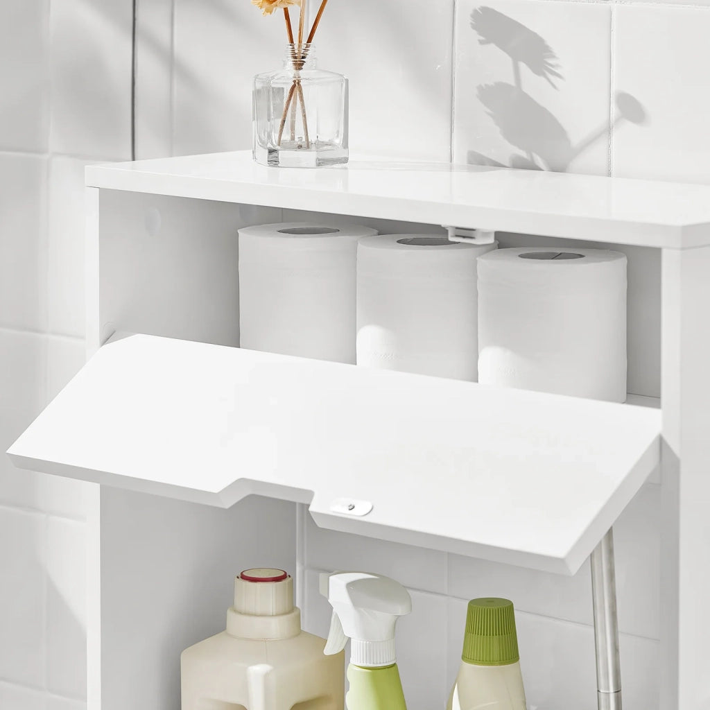 Mobiletto da bagno Portaoggetti Bagno Portarotolo e Portascopino Mobiletto salvaspazio con 1 ripiano aperto e 1 cassettiera, 55x20x60cm BZR48-W