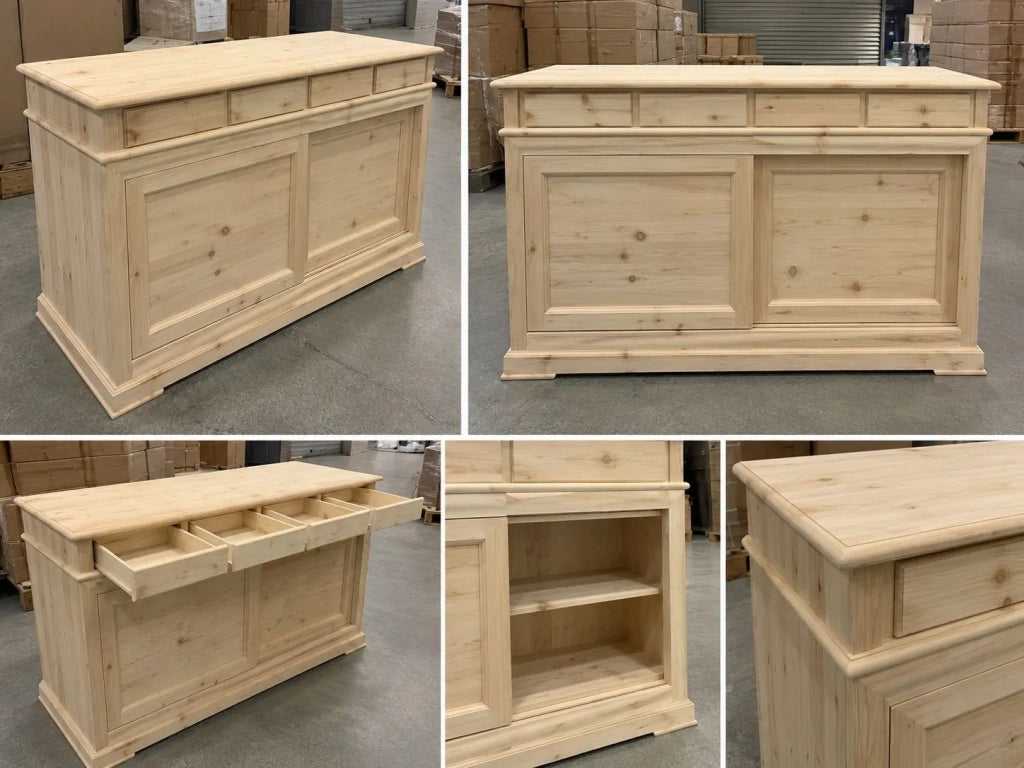 Credenza 2 porte scorrevoli 4 cassetti legno grezzo 180x48x100 (3071) - Mobili 2G