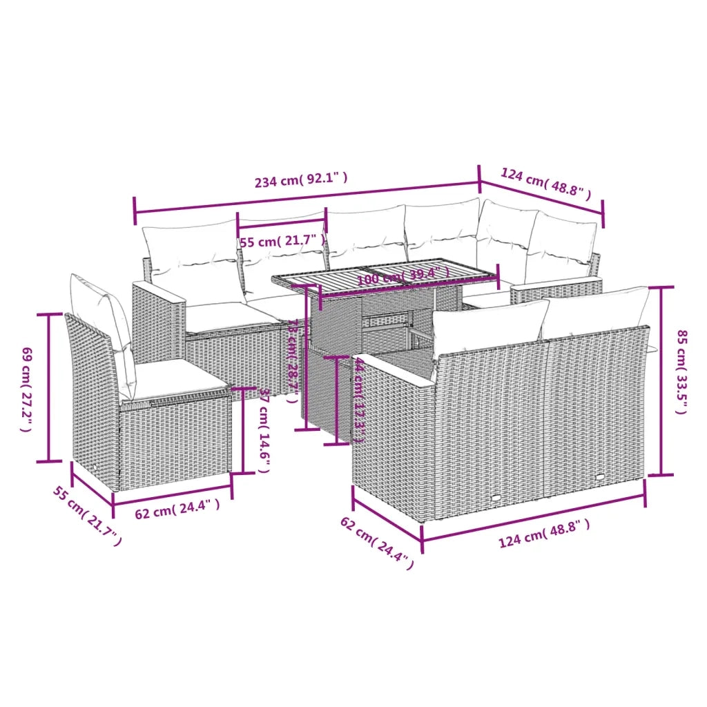 Set Divano da Giardino 9 pz con Cuscini Grigio in Polyrattan 3273174