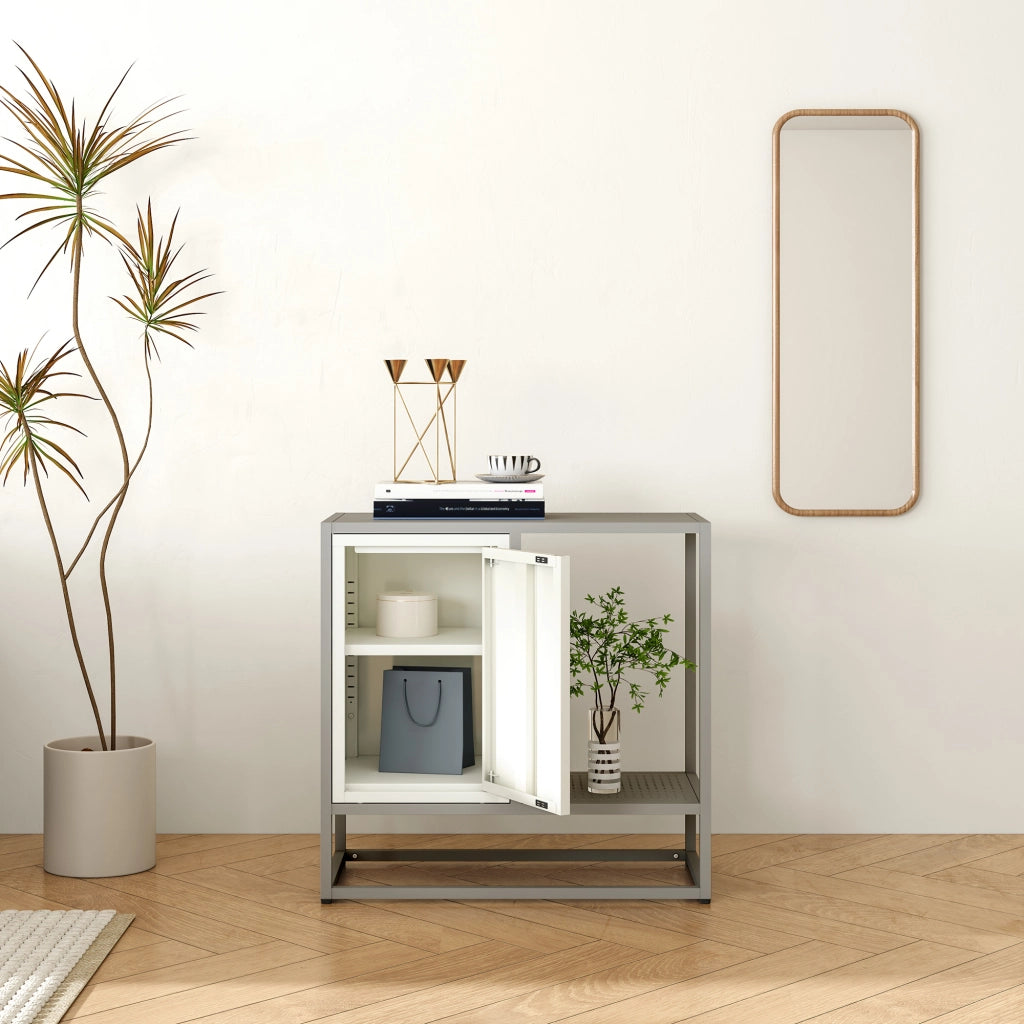 Credenza Burlöv in Acciaio Mobile Contenitore Basso 70x72x35 cm Grigio / Bianco [en.casa]