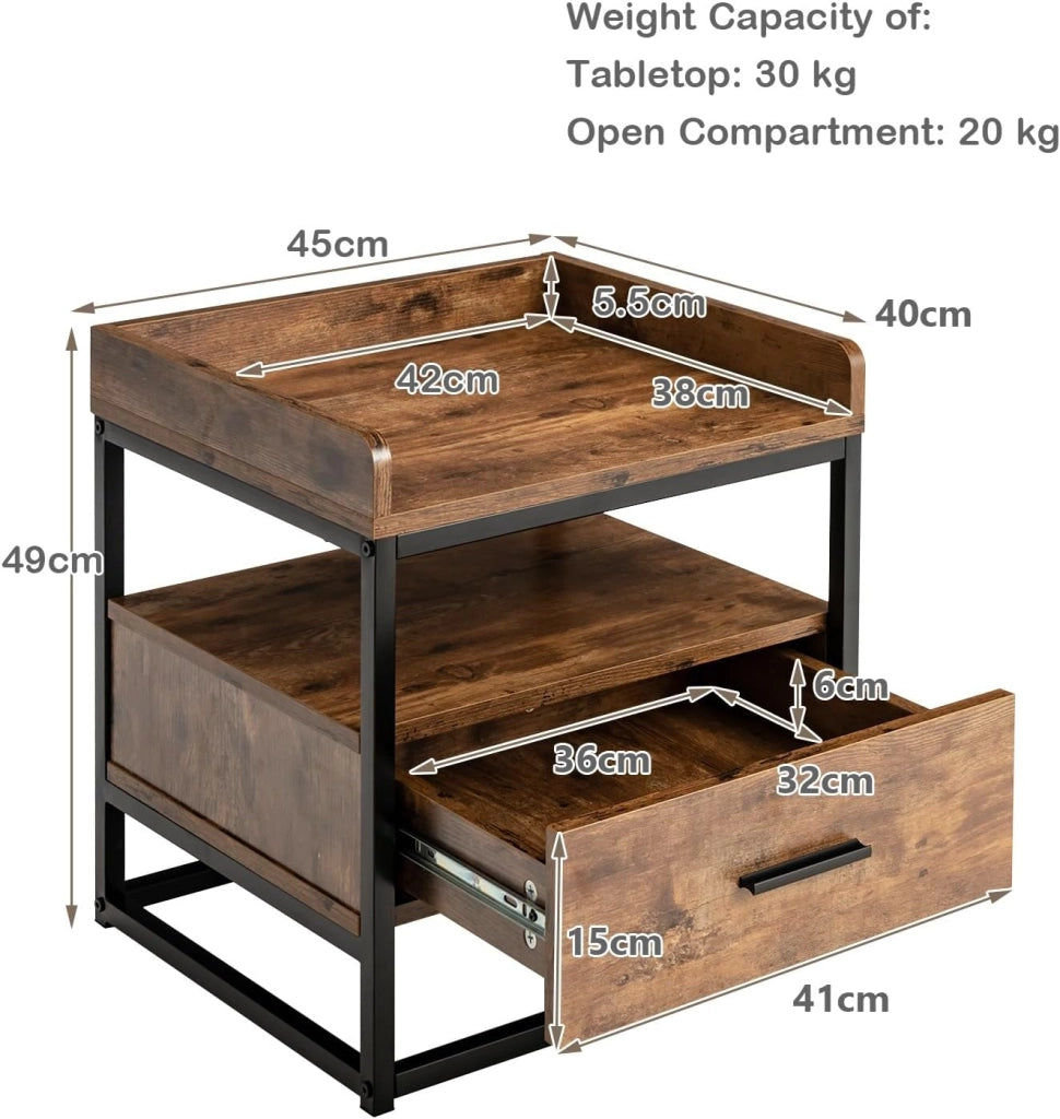Tavolino a 2 livelli, comodino, in legno con telaio in metallo, tavolino da caffè con cassetto, stile industriale, per camera da letto, soggiorno, 45 x 40 x 49 cm