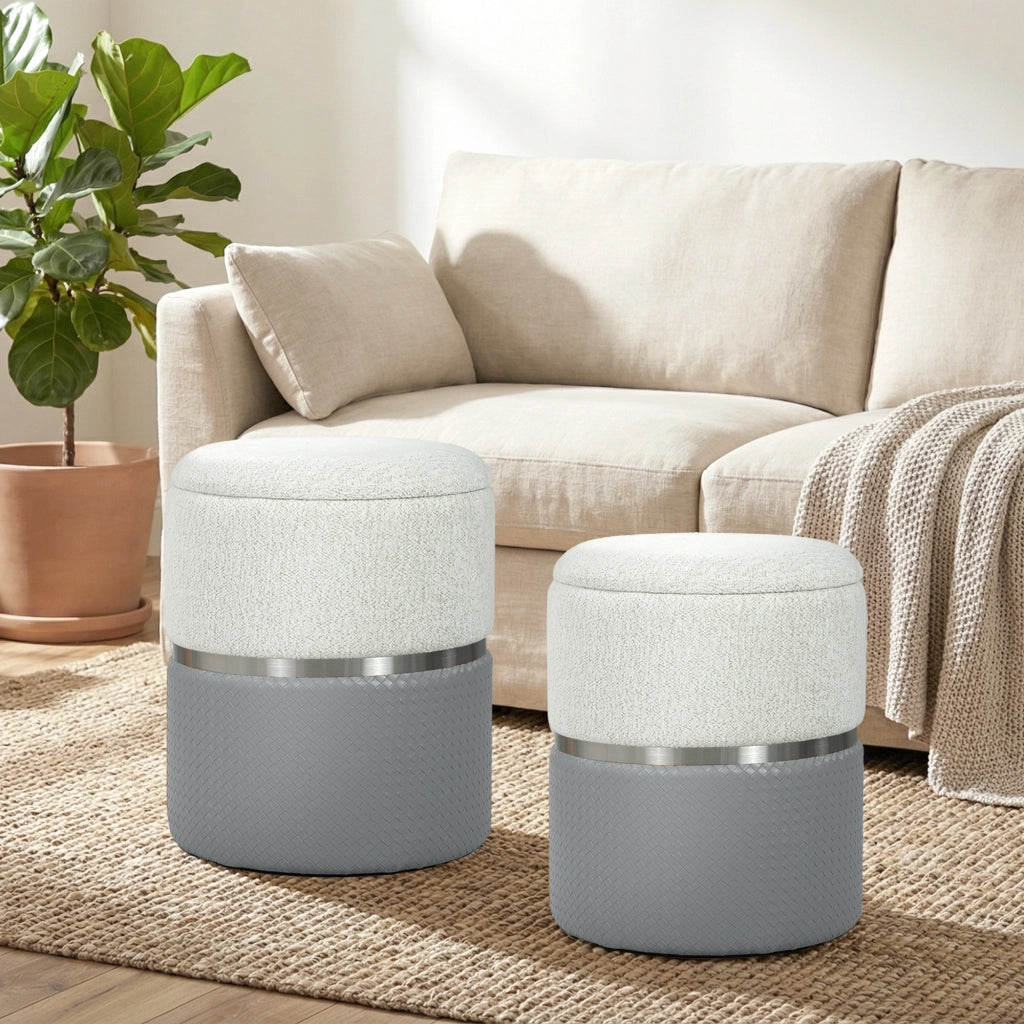 Set 2 Pouf Contenitore ¨C Xylo ¨C Rivestimento Tessuto Chenille e Similpelle Grigio e Crema