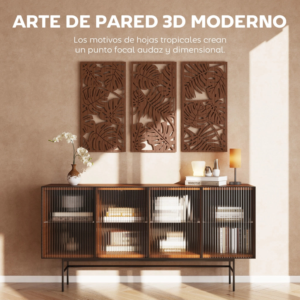 Quadro Legno 40x80 cm 3D Foglie Tropicali ¨C zephmum ¨C 3 Pezzi 40x80 cm