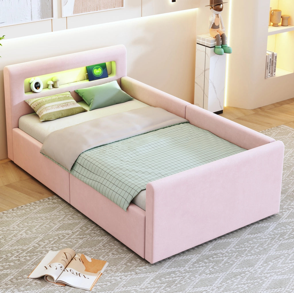 Letto imbottito per bambini 90x200 cm in velluto rosa con LED; luce notturna; USB e contenitore
