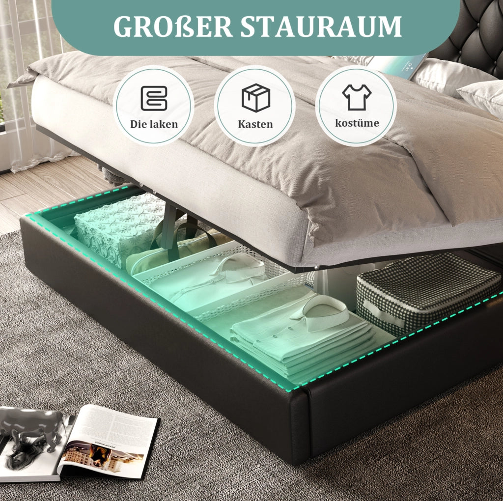 Letto matrimoniale 160x200 cm in PU nero con USB e luci