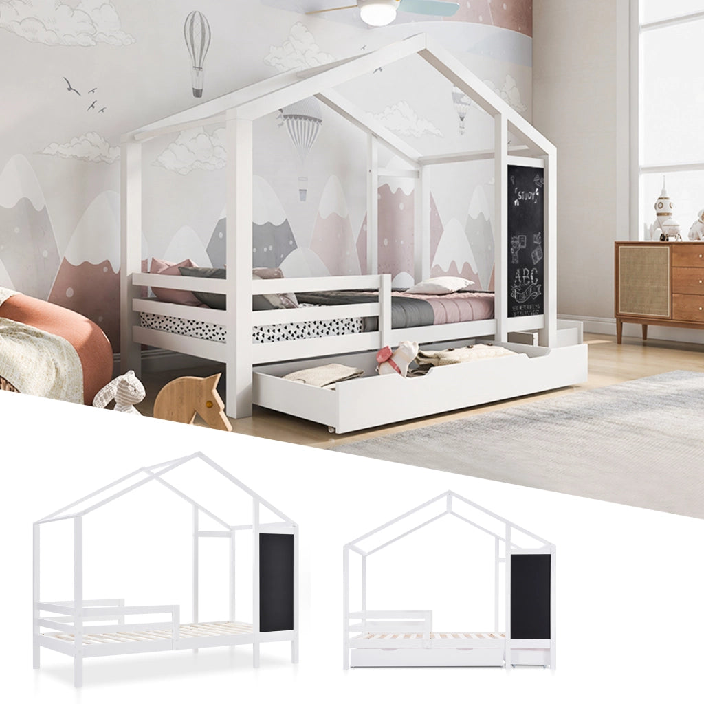 Letto a casa in legno massello bianco con lavagna e 2 cassetti 90x200 cm