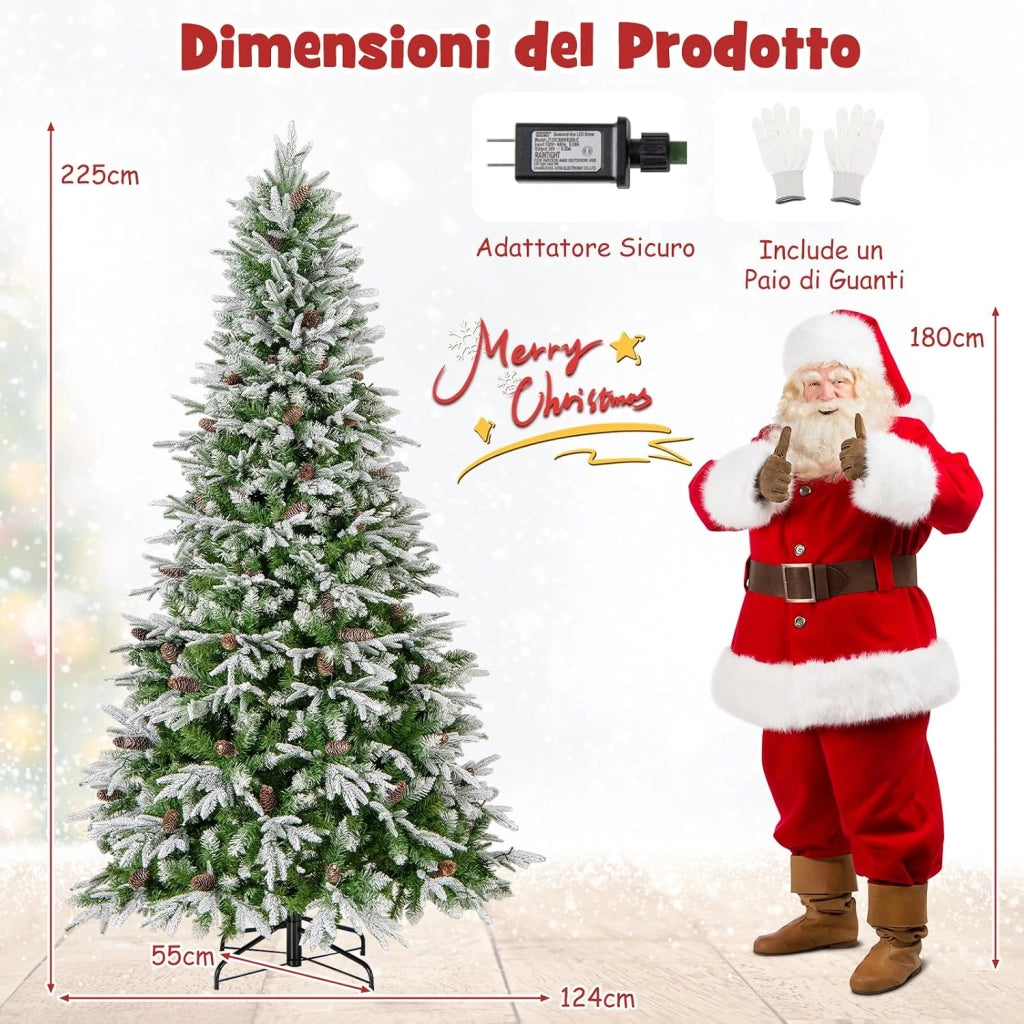Albero di Natale Artificiale Pre-Luminoso 225 CM, Albero di Natale Innevato con 470 Luci LED Bianche Calde, 1135 Punte, 81 Pigne e Base Metallica (225 CM)