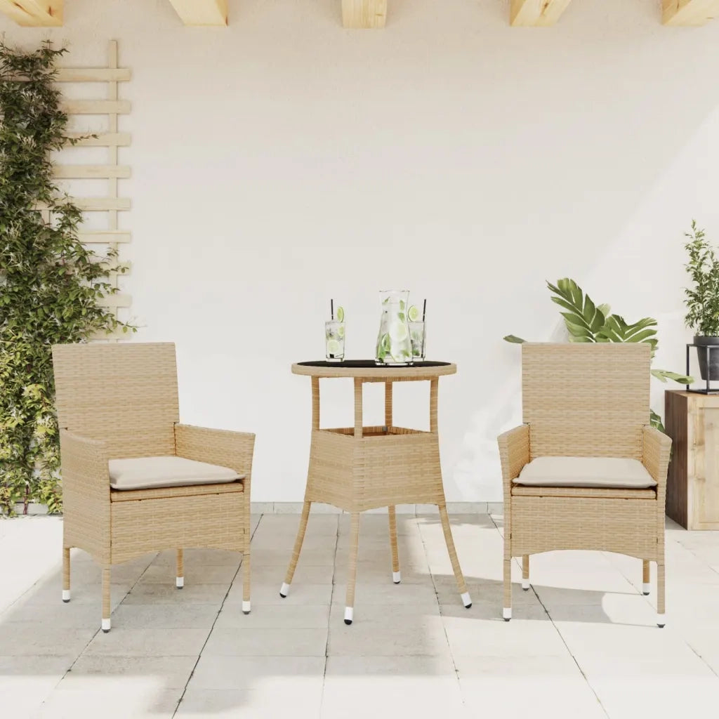 Set da Pranzo da Giardino 3 pz | Set Salotto da Giardino con Cuscini Polyrattan e Vetro