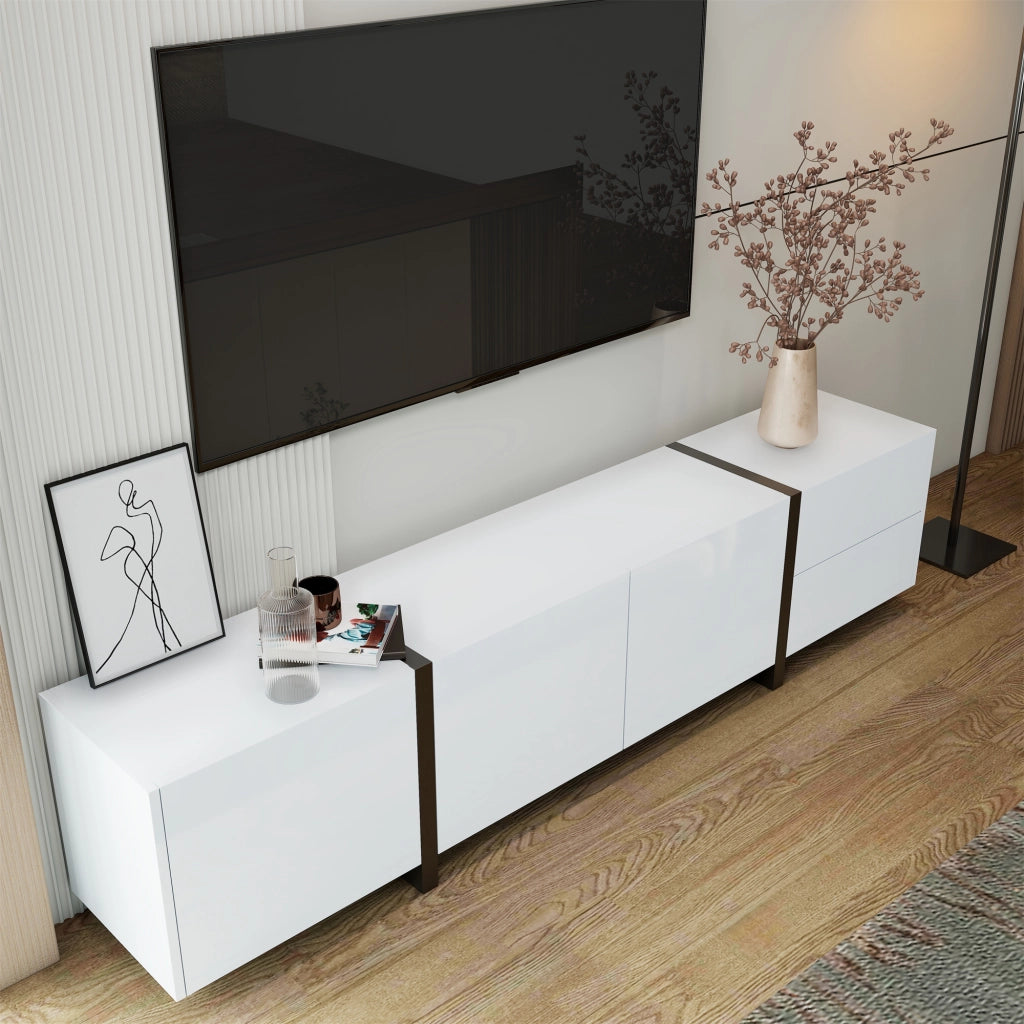 OKWISH Mobile TV con 3 Ante 1 Cassetto e 1 Anta a Ribalta, Frontali Lucidi, per Soggiorno, Bianco e Nero, 170 x 30 x 39 cm