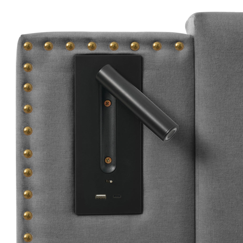 Letto matrimoniale imbottito 180x200 cm grigio con contenitore; luce lettura e porte USB