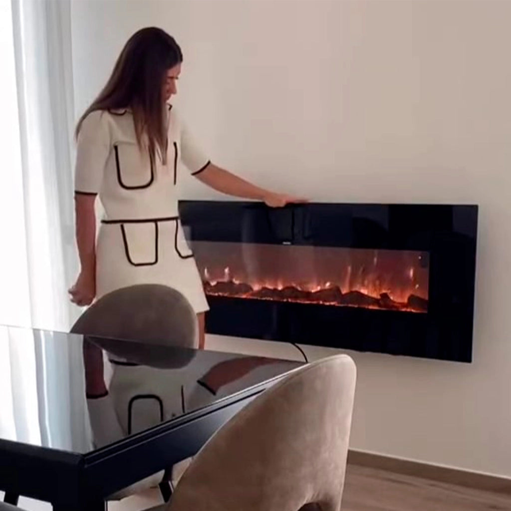 Sined Aprica Caminetto Elettrico Da Parete In Acciaio e Vetro Da 1500w Effetto Fiamma Led Nero Realistico Effetto Fiamma Led In 6 Livelli Di Intensita Della Luce Con Telecomando Per Casa e Ufficio