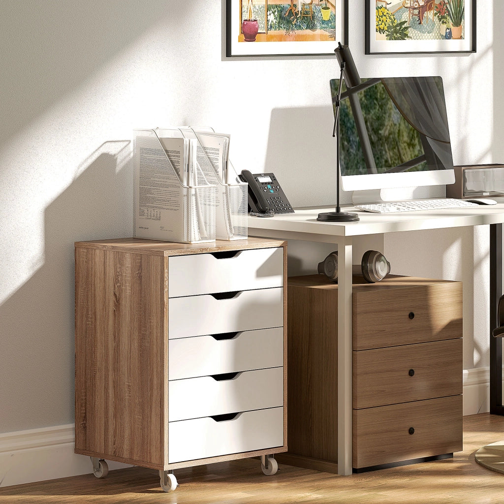 Scrivania con cassettiera mobile ¨C zephmum ¨C 5 cassetti, bianco e rovere, 47.5x39.5x67.5 cm