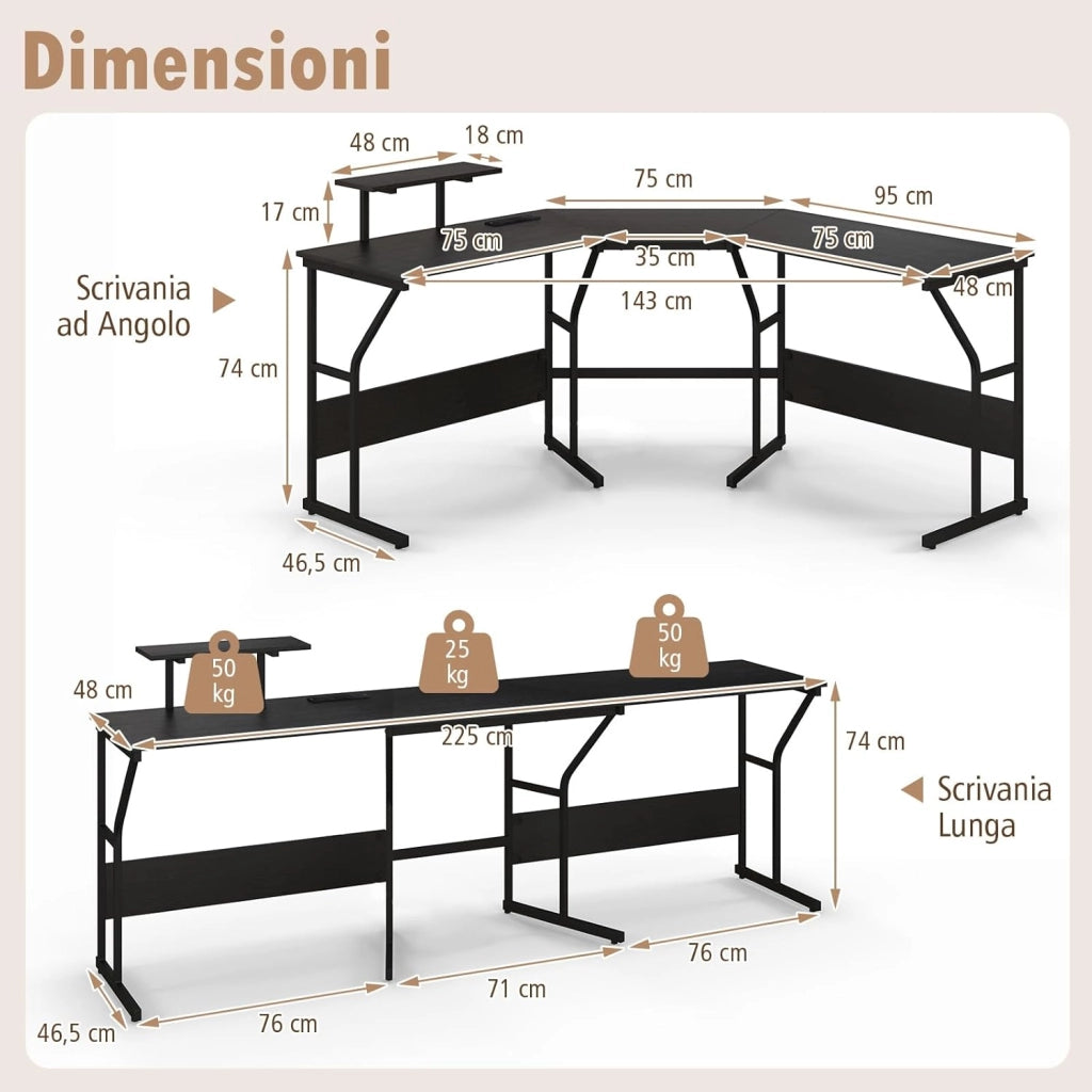Scrivania ad Angolo a Forma di L con Presa Elettrica, Scrivania Angolare per Computer con Supporto Monitor Movibile, 225cm Postazione da Lavoro per 2 Persone per Lavoro e Gioco (Nero)