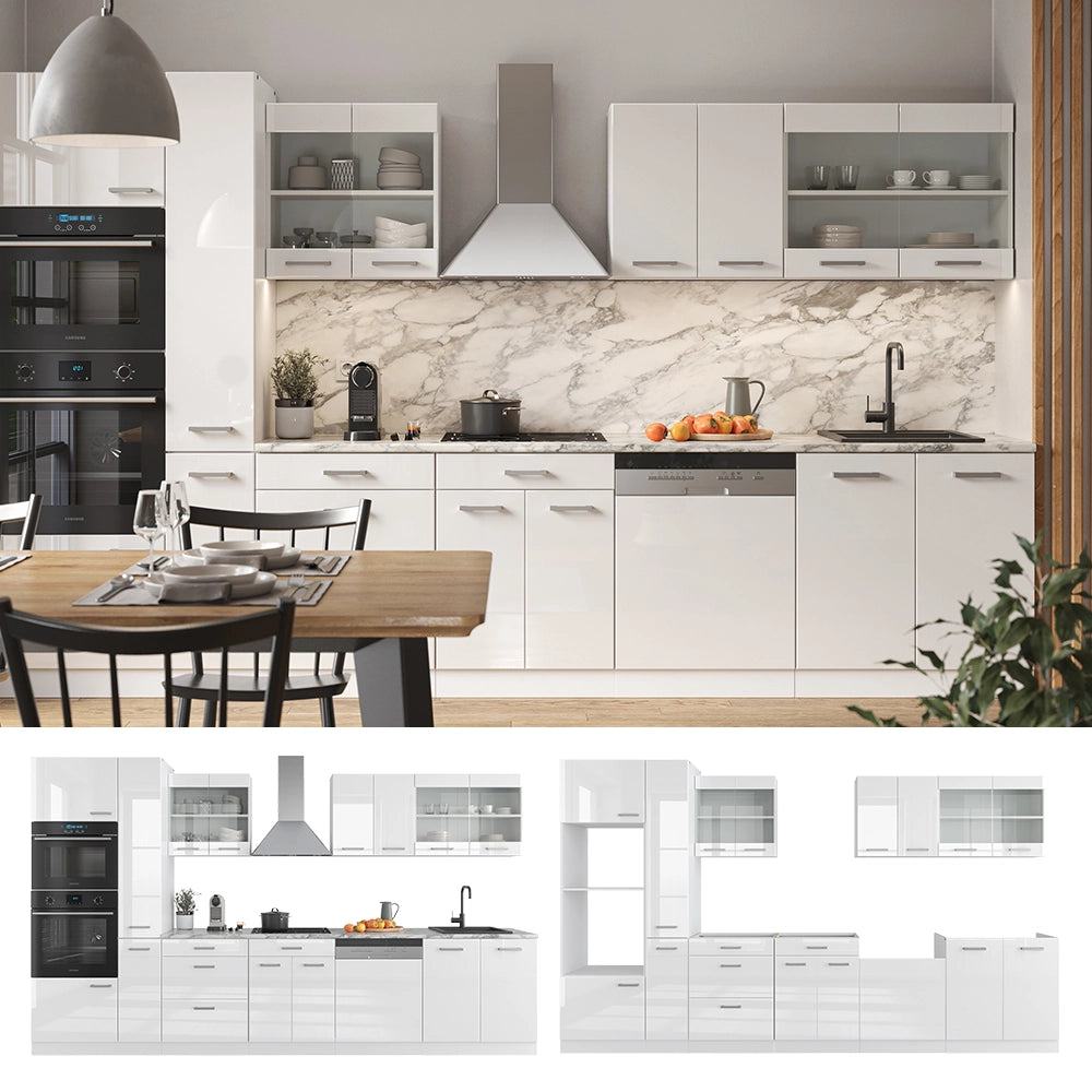 Cucina componibile R-Line Bianco lucido/Bianco 350 cm con armadio alto, PL Rovere Vicco