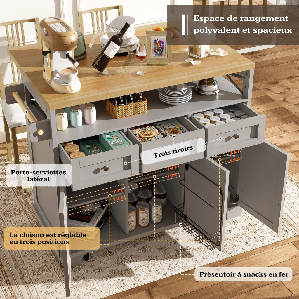 OKWISH Carrello da cucina con 3 cassetti e vano contenitore, piano ribaltabile, portaasciugamani e ruote, 118×43×98 cm