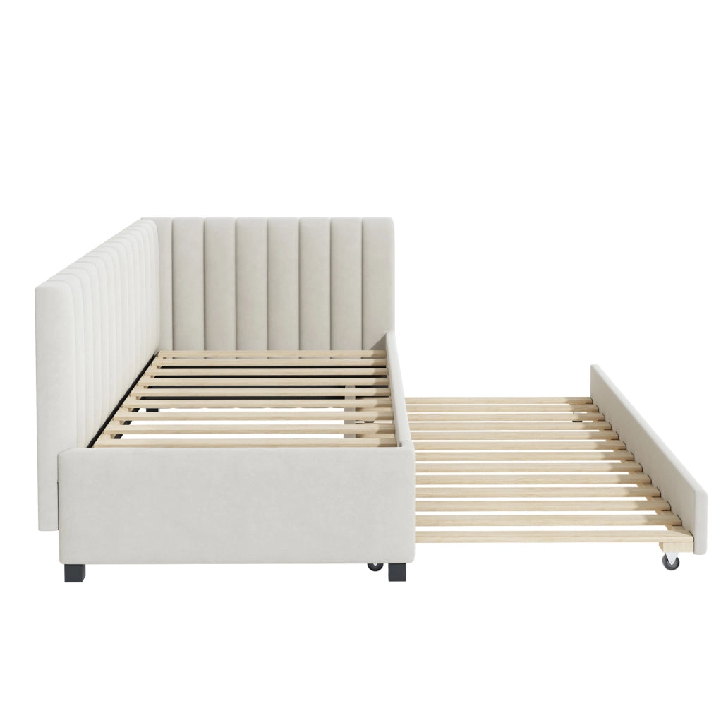 Letto imbottito 90x200 estraibile con rete a doghe, beige