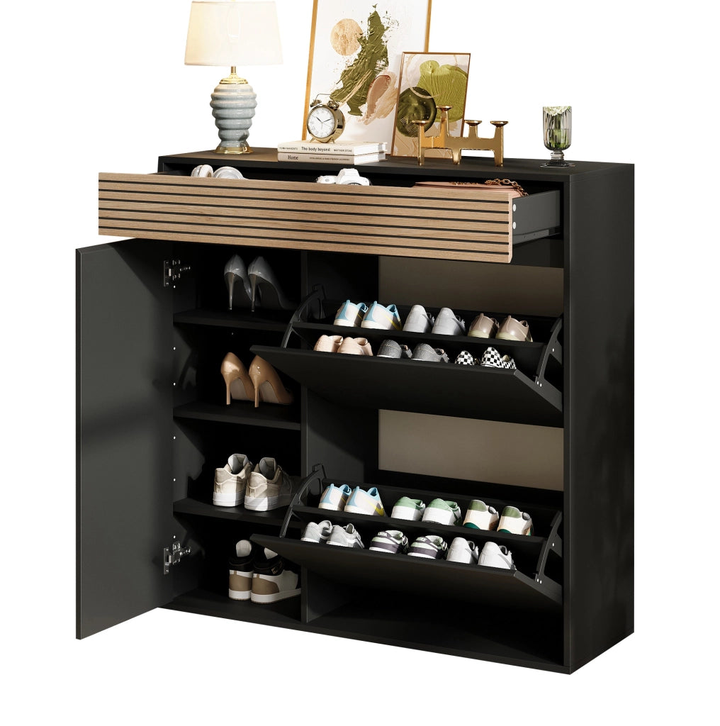 Scarpiere slim con cassetto; 2 ante a ribalta e vano laterale; 100x35x105 cm; nero e legno