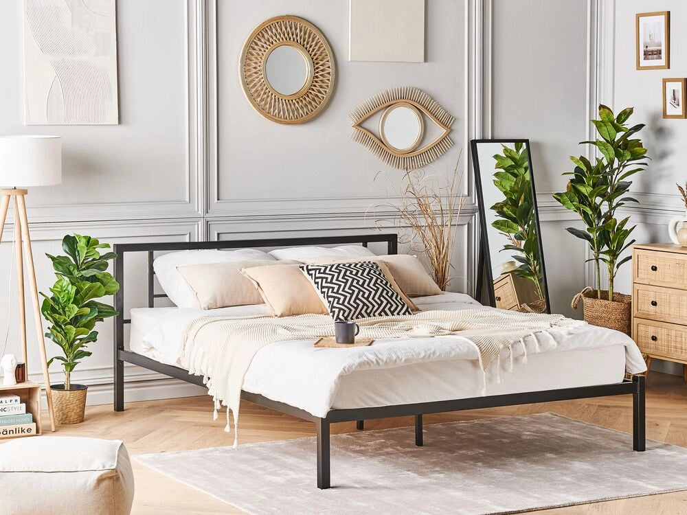 Letto in metallo Nero con rete a doghe 140 x 200 cm in legno massello industriale minimalista