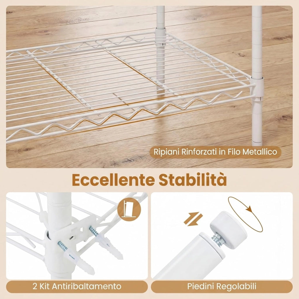 Stand Appendiabiti, Mobile Convertibile per Abiti con Installazione a L e Orizzontale, Appendiabiti con 7 Ripiani Regolabili in Filo Metallico e 4 Bastoni Appendiabiti, Portata 530 kg (Bianco)