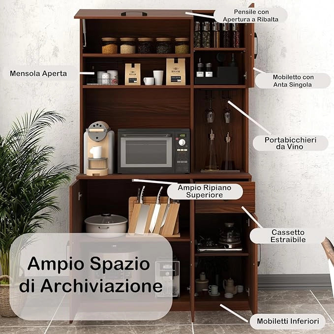 Credenza Alta da Cucina con 5 Ante e Cassetto, Armadio Dispensa da Cucina con Presa Elettrica, Mobile Cucina con Ripiani Regolabili per Sala da Pranzo e Soggiorno, 90 x 39 x 167 cm, Naturale