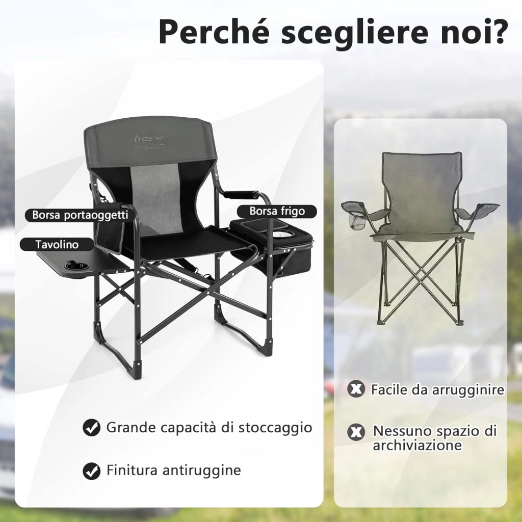 Sedia da Campeggio Pieghevole, Sedia da Regista Robusta con Tavolino, Borsa Frigo, Borsa Portaoggetti e Cinghia, Portata 180 kg, per Campeggio Escursione Pesca Picnic (Nero)