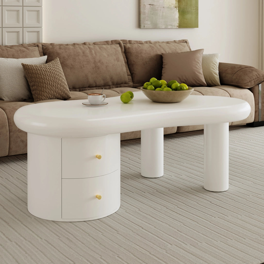 TAVOLINO DA SALOTTO Forma irregolare 97 x 64 x 42 cm Bianco in MDF con 2 cassetti