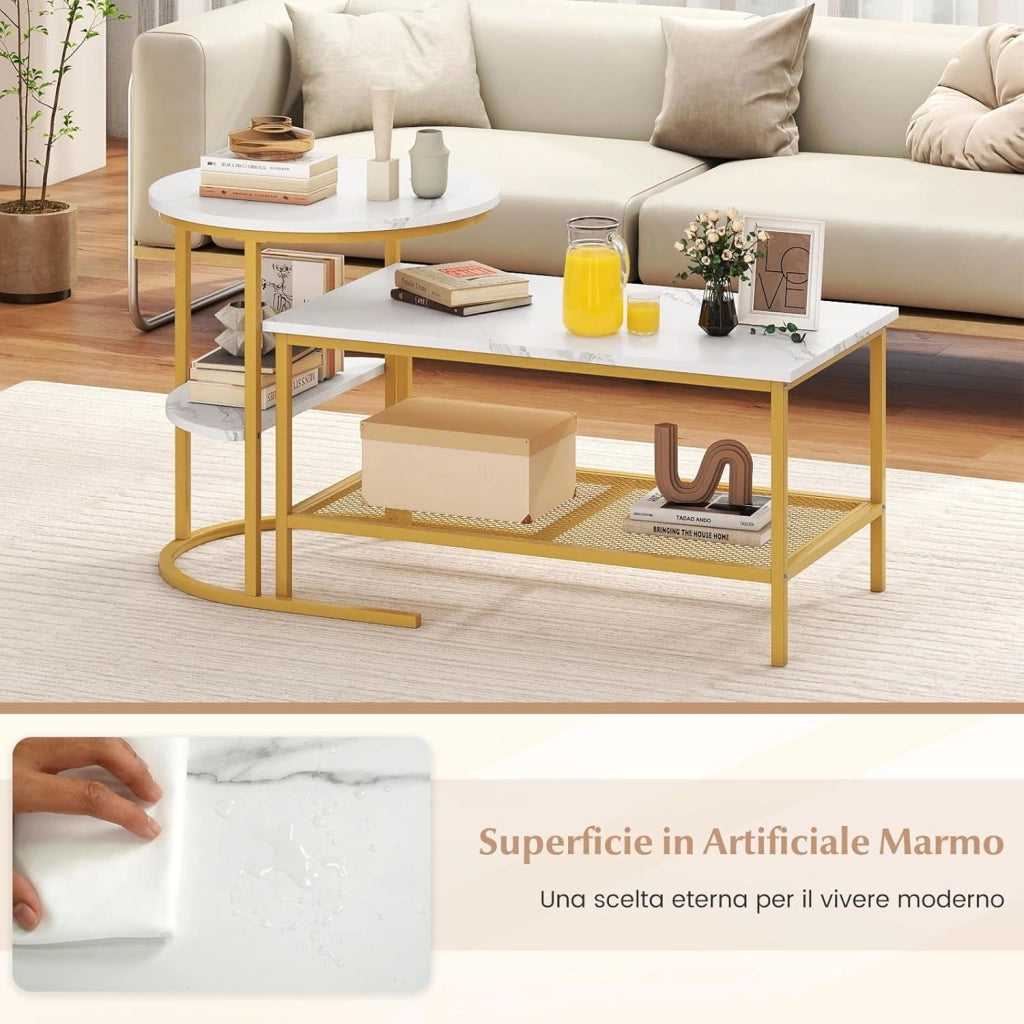 Set di Tavolini da Caffè Componibili, 2 in 1 Set di Tavoli Rimovibili con Piano in Marmo Sintetico, Tavolino Rotondo e Tavolino Rettangolare per Salotto e Camera da Letto (Oro)