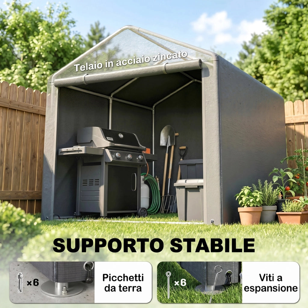 Capanno Porta Attrezzi e Tenda Garage per Bici e Moto con Copertura Anti-UV, 1.6x2m, Grigio Chiaro