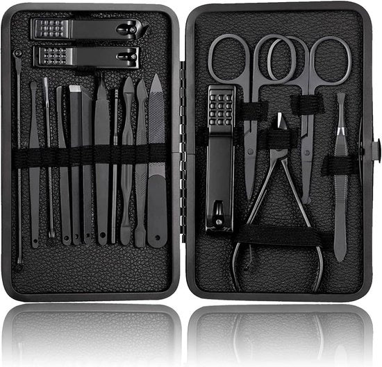 Set di manicure e pedicure professionale da 18 pezzi - Taglierini per unghie in plastica nera morbida - Kit di cura per unghie e manicure - Strumenti per manicure e pedicure - Regalo per uomo e donna per compleanni, Natale e festività