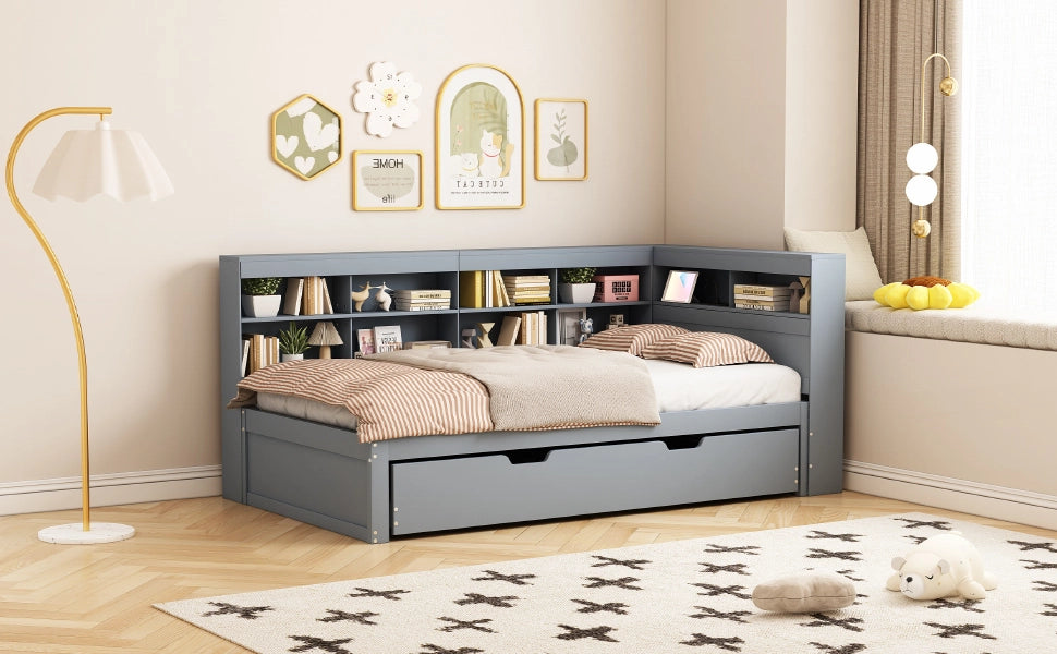 DESMIU Divano letto 90 × 200 cm 1 posto con USB, vani contenitore, letto estraibile 90 × 190 cm, senza materasso, grigio