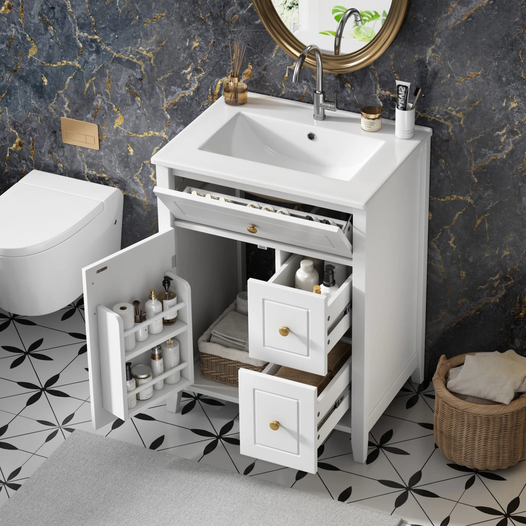 Mobile sottolavabo con 1 anta; 2 cassetti e lavabo in ceramica - per bagno - 61×47×87 cm - bianco