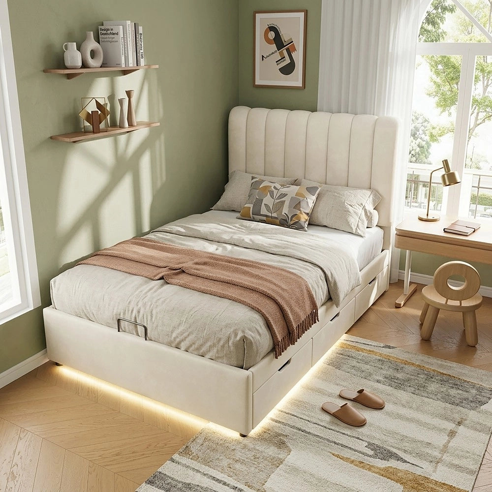 Letto imbottito contenitore con cassetti LED ¨C Minimal ¨C Velluto beige 90x200 cm