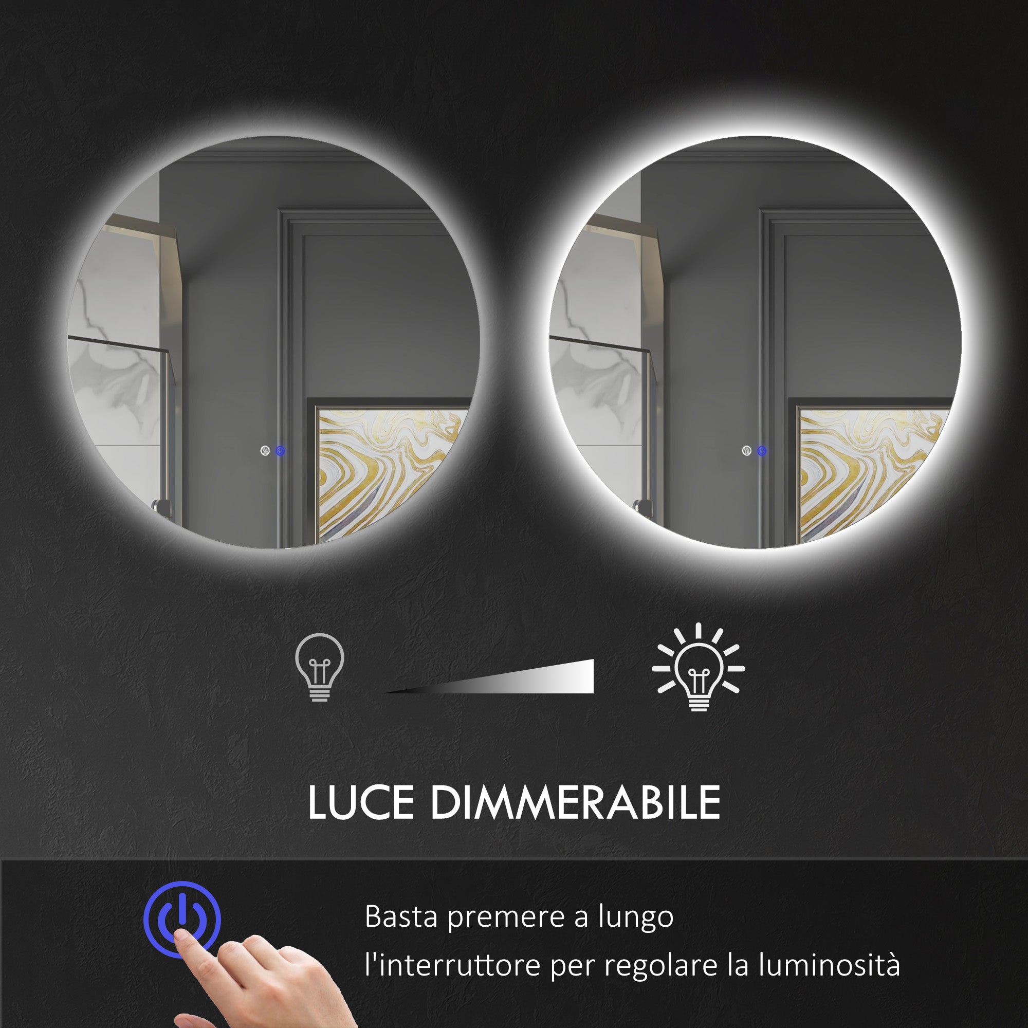 Specchio Bagno Ø60 cm con Luci LED Regolabili Interruttori Touch e Design Antiappannamento
