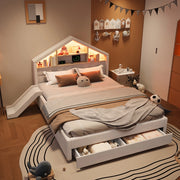 Letto per bambini imbottito 140x200 cm beige con scivolo; LED e vano contenitore
