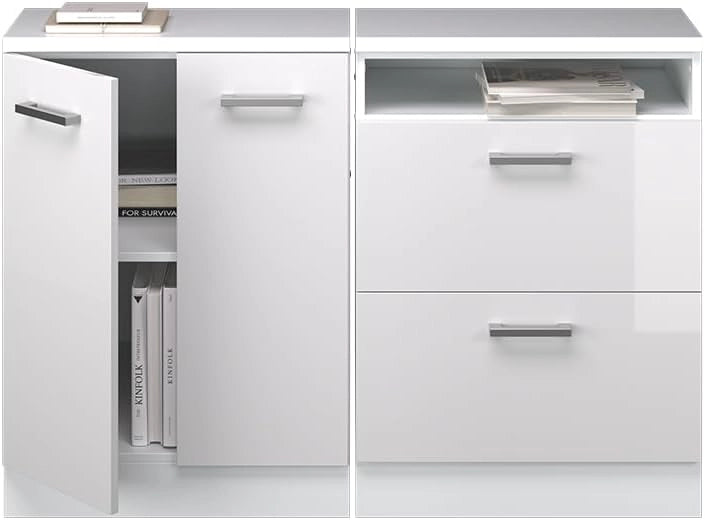 Set di mobili sottotetto Rion, Bianco lucido, 120 cm Set di 2 carcasse armadio profondità 60 cm, adatto per il salvaspazio sotto tetti spioventi