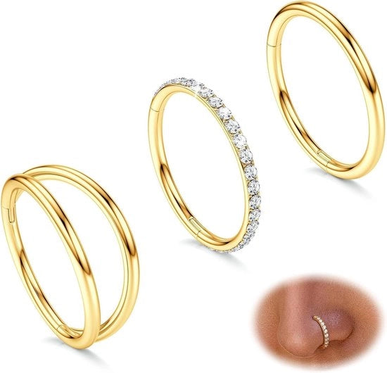 Piercing accessori in acciaio inossidabile 316L - Doppio anello 16/18/20G - Sfera con pietre zirconia - Conch, septum, labbro, tragus, nasale, orecchino, orecchio, rocca, daith - 7/8/9/10 mm - Set da 3 pezzi