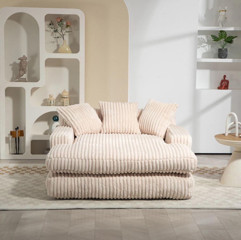 Poltrona chaise longue beige in velluto a coste con 3 cuscini; 125 x 155 x 63 cm