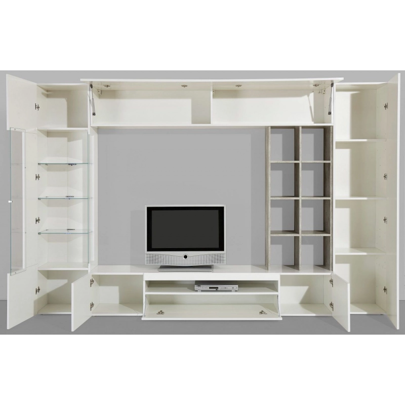 Parete soggiorno Egypt – 290x191x40cm – Bianco Lucido e Cemento