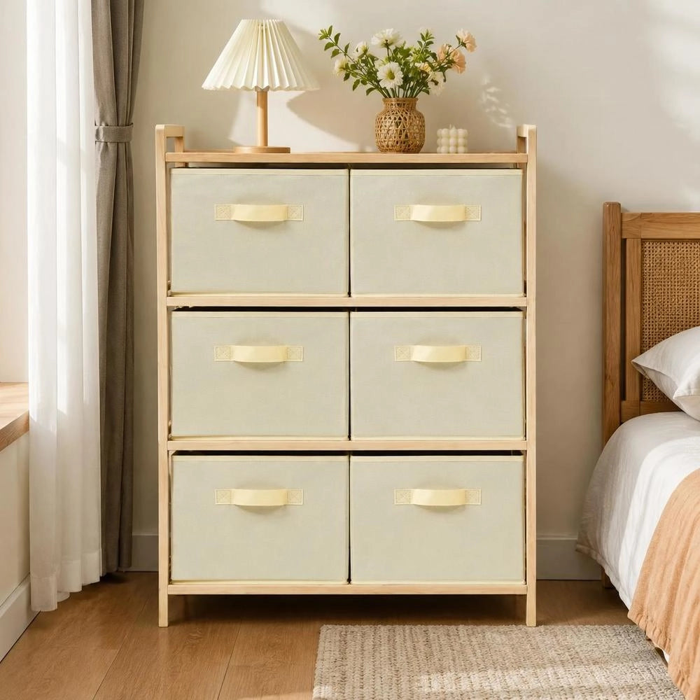 Wicker Chest Of Drawers With 6 Fabric Baskets, Cedar Wood, Beige