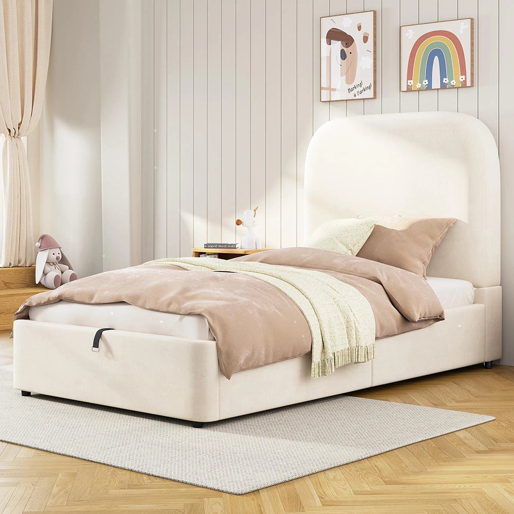 Letto imbottito 90x200cm - Xylo - testiera velluto beige idraulico