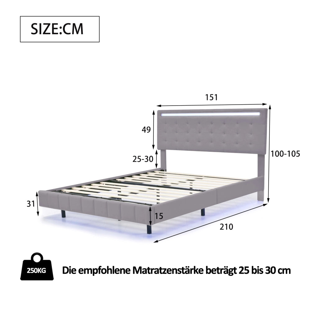 OKWISH Letto Imbottito 140×200 cm, Letto Matrimoniale con Piedini Nascosti, LED Regolabile e Testiera, senza Materasso, Grigio